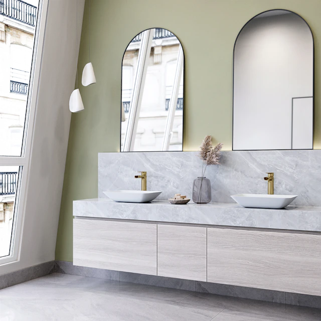 Matte Shell Sottlie Glass Rectangular Vessel Bathroom Sink in White with Amada Faucet and Pop-up Drain in Matte Gold - image 2 - other