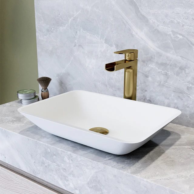 Matte Shell Sottlie Glass Rectangular Vessel Bathroom Sink in White with Amada Faucet and Pop-up Drain in Matte Gold - image 3 - other