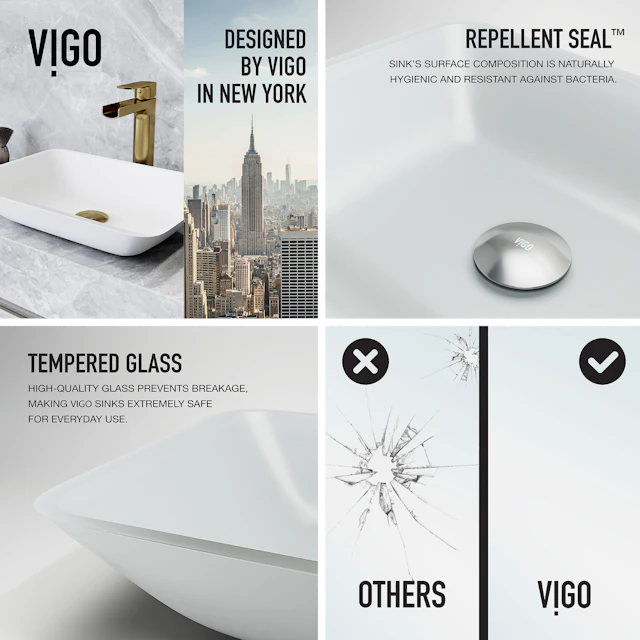 Matte Shell Sottlie Glass Rectangular Vessel Bathroom Sink in White with Amada Faucet and Pop-up Drain in Matte Gold - image 4 - other