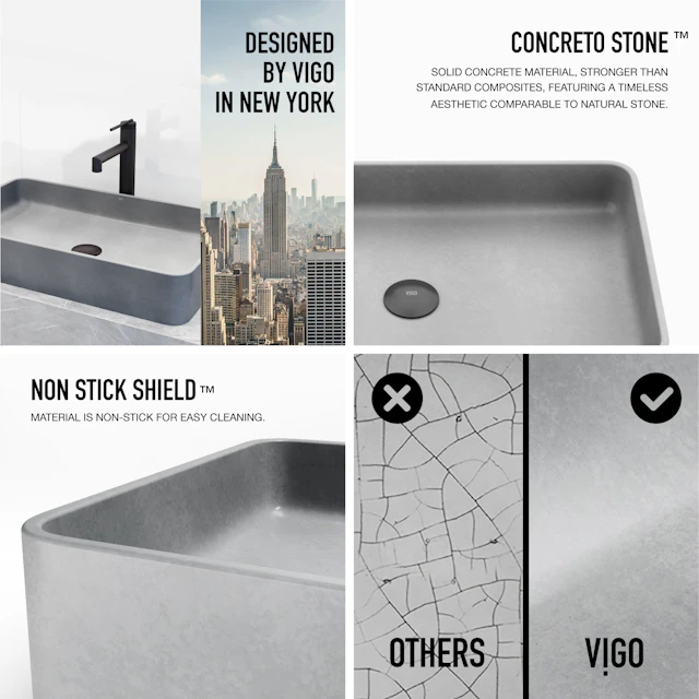 Concreto Stone Rectangular Bathroom Sink With Vessel Faucet - angle 4 - other