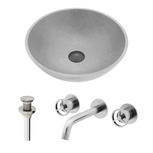 Concreto Stone Round Bathroom Sink With Wall Mount Faucet - angle 1 - other