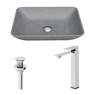 Concreto Stone Rectangular Vessel Bathroom Sink and Vessel Faucet