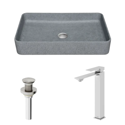 Concreto Stone Rectangular Vessel Bathroom Sink and Faucet