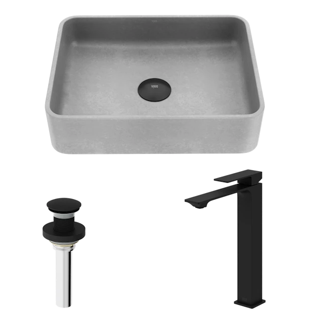 Concreto Stone Rectangular Vessel Bathroom Sink and Faucet - angle 1 - other