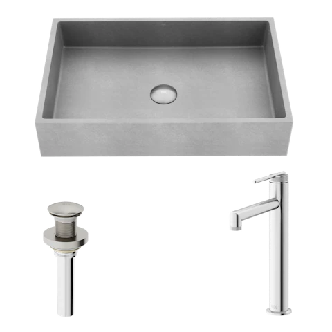 Orvieto Concreto Stone Rectangular Bathroom Vessel Sink in Gray with Sterling Faucet and Pop-Up Drain - image 1 - other