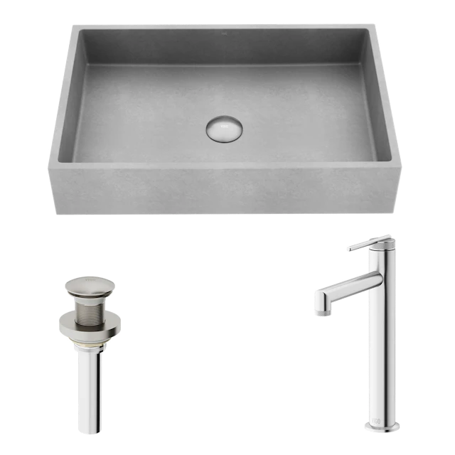Orvieto Concreto Stone Rectangular Bathroom Vessel Sink in Gray with Sterling Faucet and Pop-Up Drain - image 1 - other
