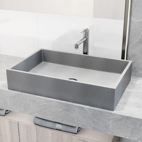 Orvieto Concreto Stone Rectangular Bathroom Vessel Sink in Gray with Sterling Faucet and Pop-Up Drain - image 3 - other