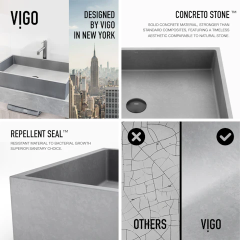 Orvieto Concreto Stone Rectangular Bathroom Vessel Sink in Gray with Sterling Faucet and Pop-Up Drain - image 4 - other