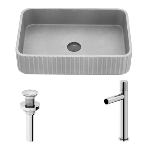 Windsor Concreto Stone Rectangular Fluted Bathroom Vessel Sink in Gray with Ashford Faucet and Pop-Up Drain - image 1 - other
