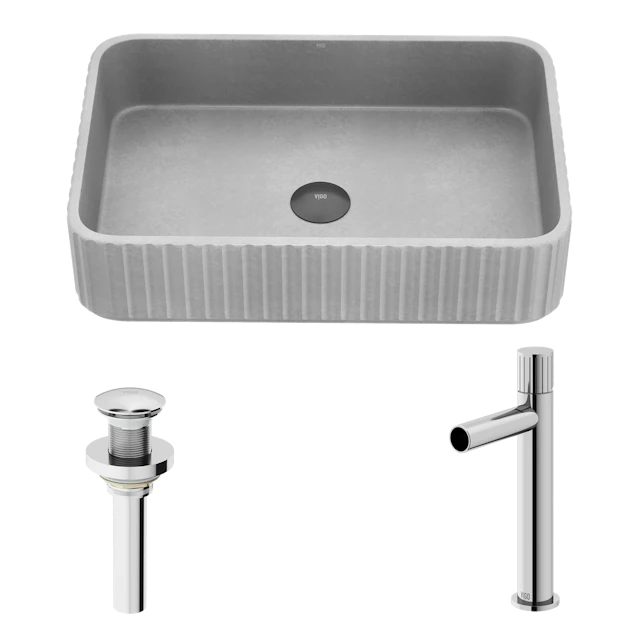 Windsor Concreto Stone Rectangular Fluted Bathroom Vessel Sink in Gray with Ashford Faucet and Pop-Up Drain - image 1 - other