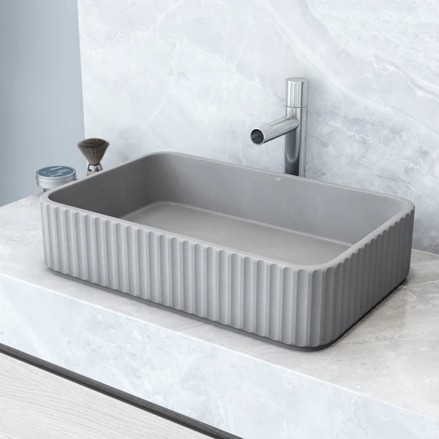 Windsor Concreto Stone Rectangular Fluted Bathroom Vessel Sink in Gray with Ashford Faucet and Pop-Up Drain - image 3 - other