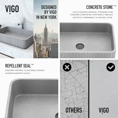 Windsor Concreto Stone Rectangular Fluted Bathroom Vessel Sink in Gray with Ashford Faucet and Pop-Up Drain - image 4 - other