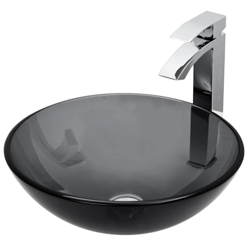 Glass Round Vessel Bathroom Sink in Sheer Black with Duris Faucet and Pop-Up Drain - image 1 - other