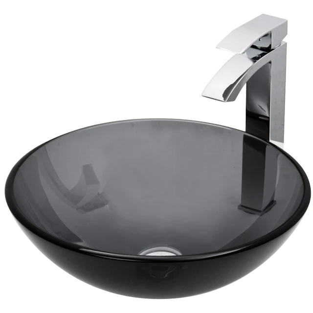 Glass Round Vessel Bathroom Sink in Sheer Black with Duris Faucet and Pop-Up Drain - image 1 - other