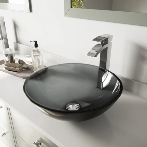 Glass Round Vessel Bathroom Sink in Sheer Black with Duris Faucet and Pop-Up Drain - image 3 - other