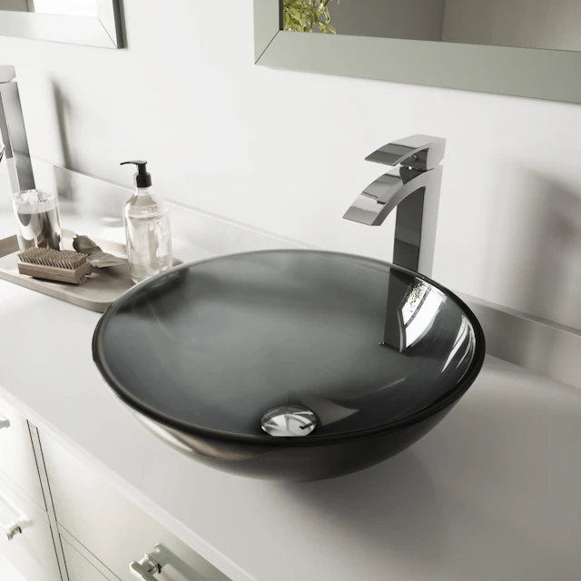 Glass Round Vessel Bathroom Sink in Sheer Black with Duris Faucet and Pop-Up Drain - image 3 - other