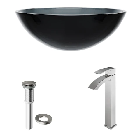 Glass Round Vessel Bathroom Sink in Sheer Black with Duris Faucet and Pop-Up Drain - image 5 - other