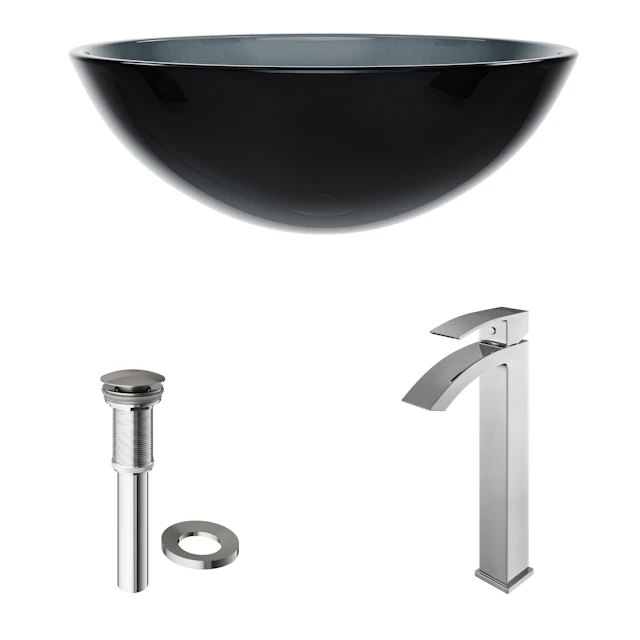 Glass Round Vessel Bathroom Sink in Sheer Black with Duris Faucet and Pop-Up Drain - image 5 - other