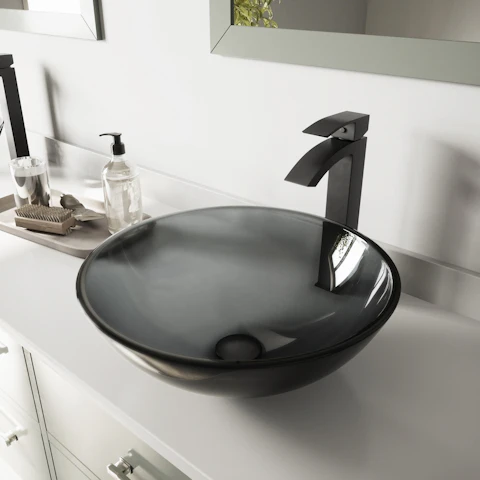 Glass Round Vessel Bathroom Sink in Sheer Black with Duris Faucet and Pop-Up Drain - image 3 - other
