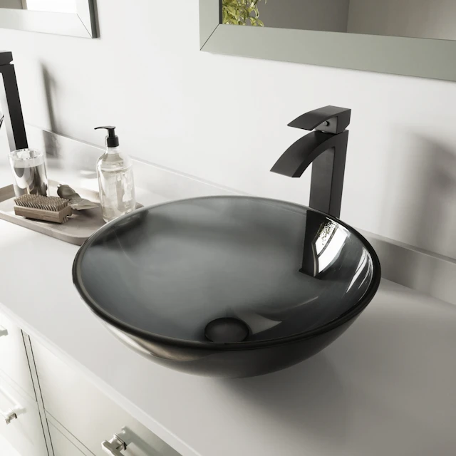 Glass Round Vessel Bathroom Sink in Sheer Black with Duris Faucet and Pop-Up Drain - image 3 - other