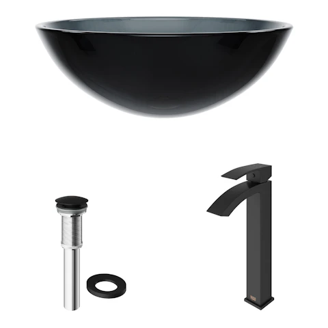 Glass Round Vessel Bathroom Sink in Sheer Black with Duris Faucet and Pop-Up Drain - image 4 - other