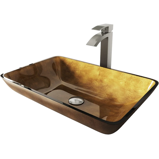 Glass Rectangular Vessel Bathroom Sink in Gold with Duris Faucet and Pop-Up Drain - angle 1 - other
