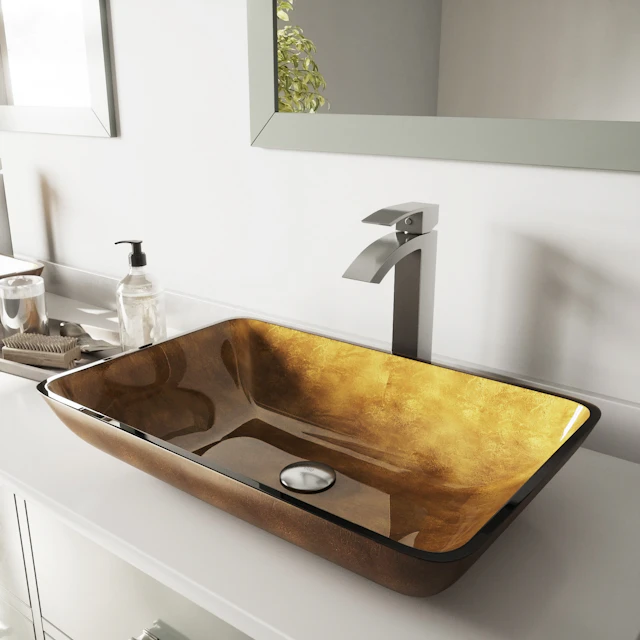Glass Rectangular Vessel Bathroom Sink in Gold with Duris Faucet and Pop-Up Drain - angle 3 - other