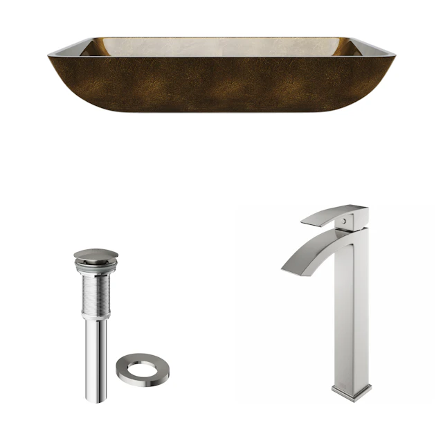 Glass Rectangular Vessel Bathroom Sink in Gold with Duris Faucet and Pop-Up Drain - angle 4 - other