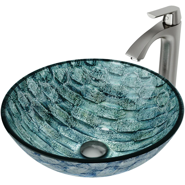 Glass Round Vessel Bathroom Sink in Oceania Blue with Linus Faucet and Pop-Up Drain - angle 1 - other