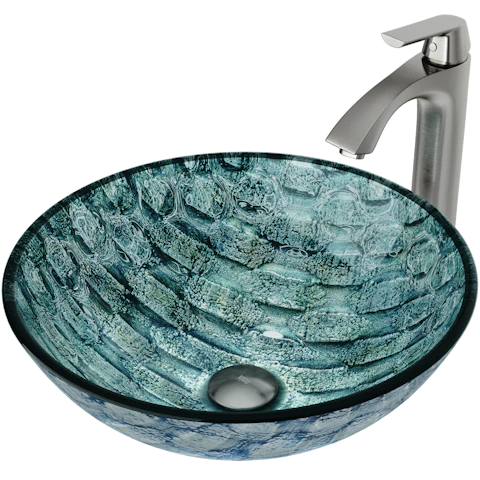 Glass Round Vessel Bathroom Sink in Oceania Blue with Linus Faucet and Pop-Up Drain - image 1 - other