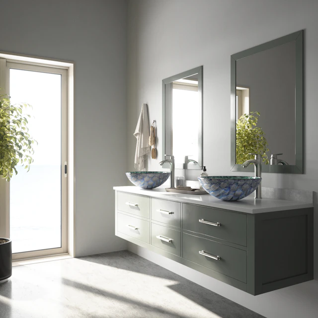 Glass Round Vessel Bathroom Sink in Oceania Blue with Linus Faucet and Pop-Up Drain - angle 2 - other