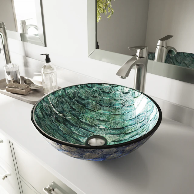 Glass Round Vessel Bathroom Sink in Oceania Blue with Linus Faucet and Pop-Up Drain - angle 3 - other