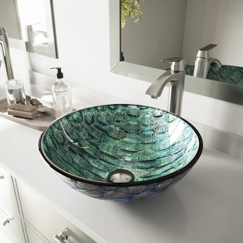 Glass Round Vessel Bathroom Sink in Oceania Blue with Linus Faucet and Pop-Up Drain - image 3 - other