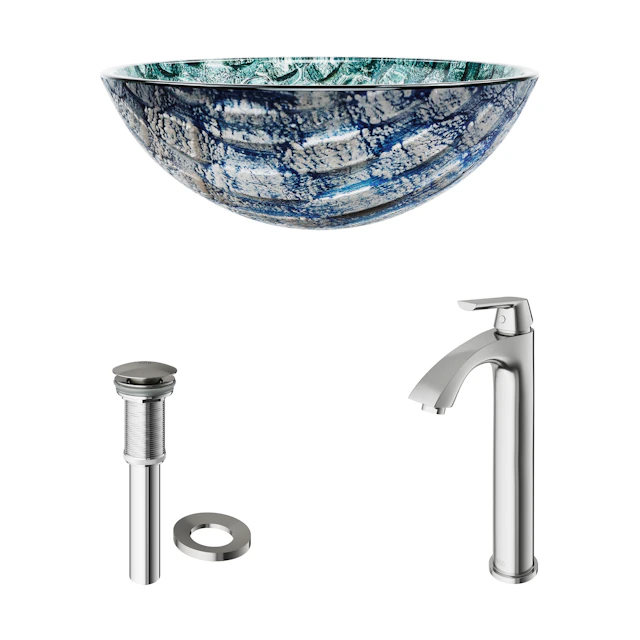 Glass Round Vessel Bathroom Sink in Oceania Blue with Linus Faucet and Pop-Up Drain - angle 4 - other