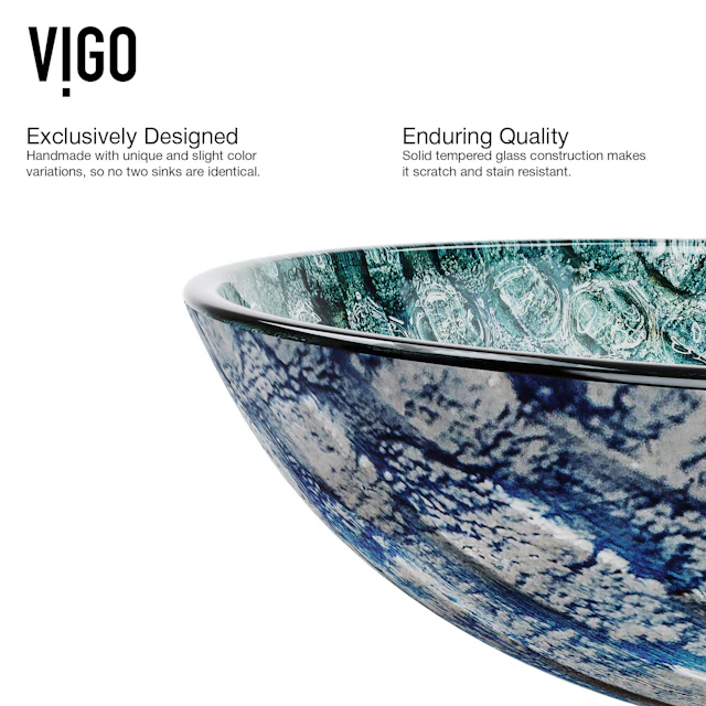 Glass Round Vessel Bathroom Sink in Oceania Blue with Linus Faucet and Pop-Up Drain - angle 7 - other