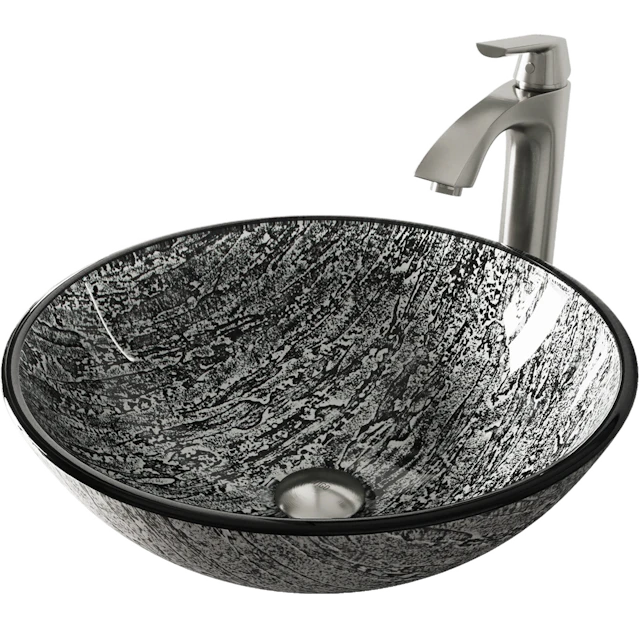 Glass Round Vessel Bathroom Sink in Titanium Gray with Linus Faucet and Pop-Up Drain - angle 1 - other