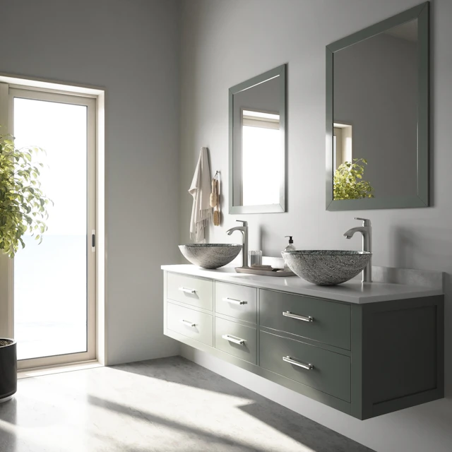 Glass Round Vessel Bathroom Sink in Titanium Gray with Linus Faucet and Pop-Up Drain - angle 2 - other