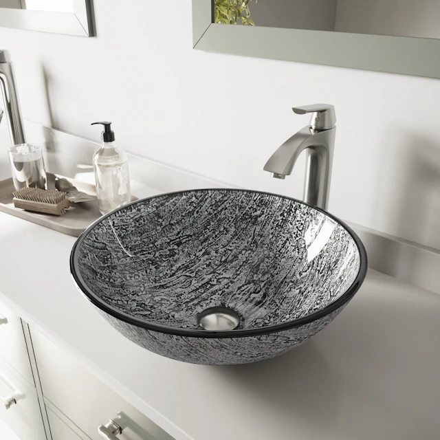 Glass Round Vessel Bathroom Sink in Titanium Gray with Linus Faucet and Pop-Up Drain - angle 3 - other