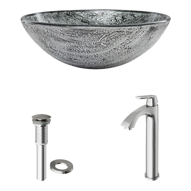 Glass Round Vessel Bathroom Sink in Titanium Gray with Linus Faucet and Pop-Up Drain - angle 4 - other
