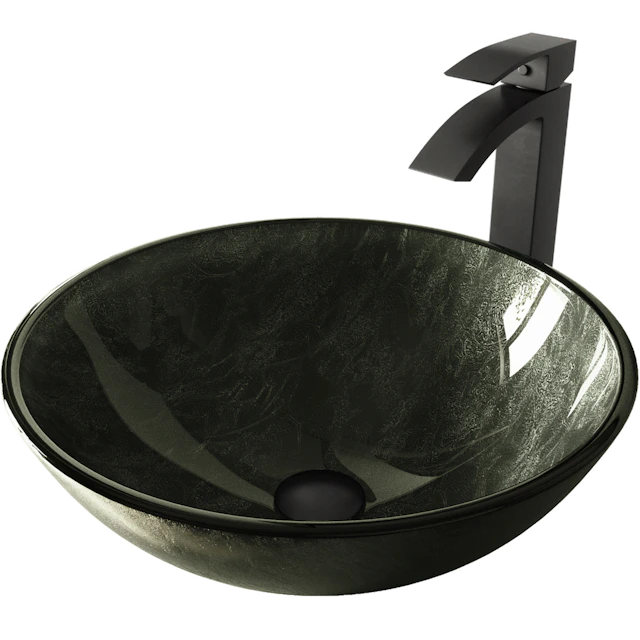 Glass Round Vessel Bathroom Sink in Onyx Gray with Duris Faucet and Pop-Up Drain - angle 1 - other