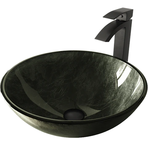 Glass Round Vessel Bathroom Sink in Onyx Gray with Duris Faucet and Pop-Up Drain - image 1 - other