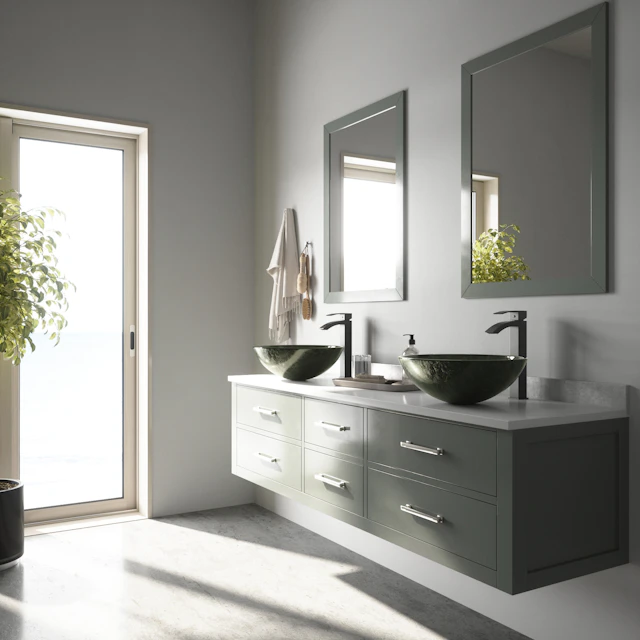 Glass Round Vessel Bathroom Sink in Onyx Gray with Duris Faucet and Pop-Up Drain - angle 2 - other