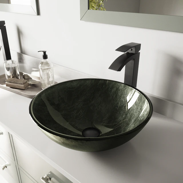 Glass Round Vessel Bathroom Sink in Onyx Gray with Duris Faucet and Pop-Up Drain - angle 3 - other