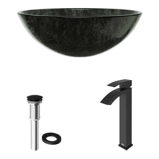 Glass Round Vessel Bathroom Sink in Onyx Gray with Duris Faucet and Pop-Up Drain - angle 4 - other
