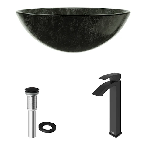 Glass Round Vessel Bathroom Sink in Onyx Gray with Duris Faucet and Pop-Up Drain - image 4 - other