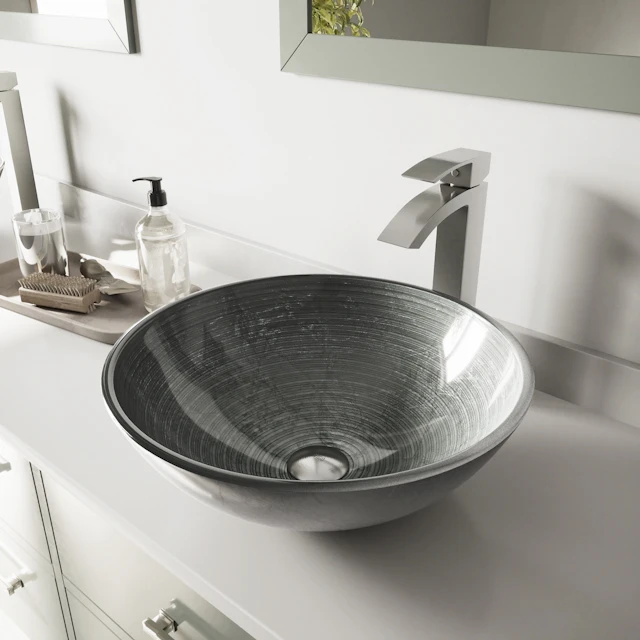Glass Round Vessel Bathroom Sink in Silver with Duris Faucet and Pop-Up Drain - angle 3 - other