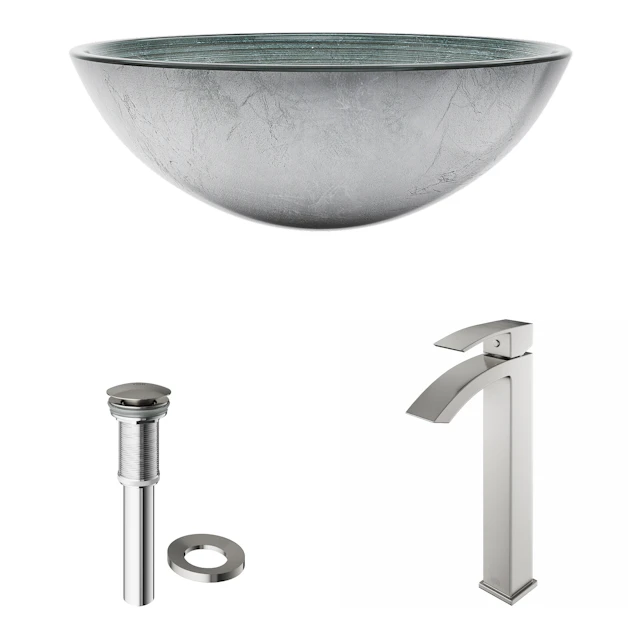 Glass Round Vessel Bathroom Sink in Silver with Duris Faucet and Pop-Up Drain - angle 4 - other