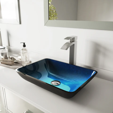 Glass Rectangular Vessel Bathroom Sink in Turquoise Blue with Duris Faucet and Pop-Up Drain - image 3 - other