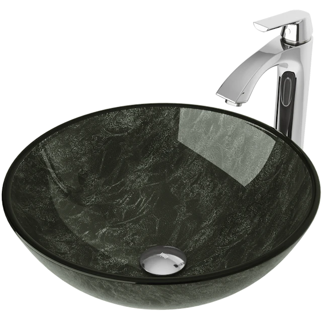 Glass Round Vessel Bathroom Sink in Onyx Gray with Linus Faucet and Pop-Up Drain - angle 1 - other