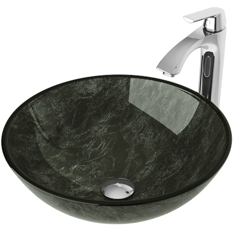 Glass Round Vessel Bathroom Sink in Onyx Gray with Linus Faucet and Pop-Up Drain - image 1 - other